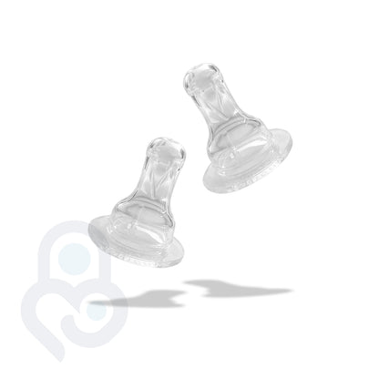 2-pack clear SkinSoft Silicone Nipples in medium flow level 2, floating product view