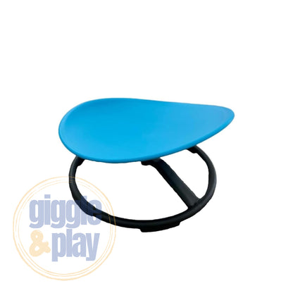 Blue kids sensory spinning chair with teardrop seat and 360° swivel black circular base for motor skills