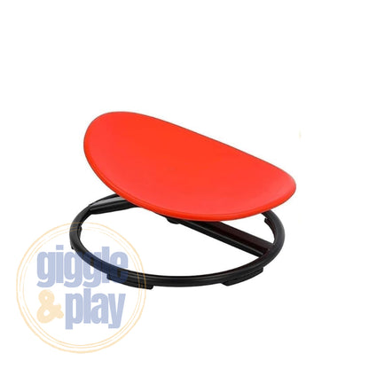 Red kids sensory spinning chair with teardrop padded seat and 360° swivel black circular base