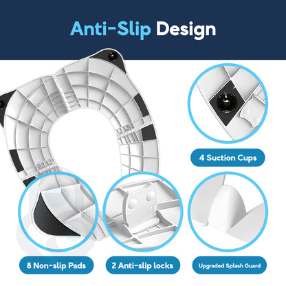 Toilet seat trainer anti-slip design callout: 8 non-slip pads, 2 locks, 4 suction cups, splash guard