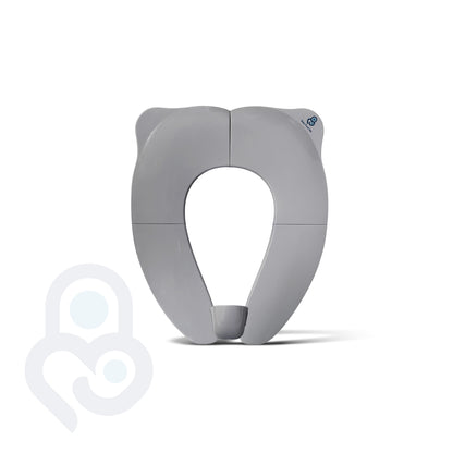 Grey foldable portable toilet seat trainer in open position, bear-ear shape, ABS construction, front view