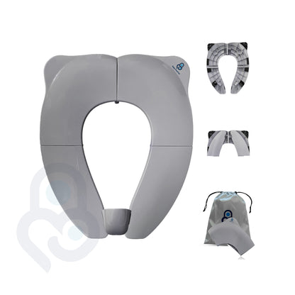 Grey portable toilet seat trainer open, folded, and packed in drawstring travel bag — 4-view product set