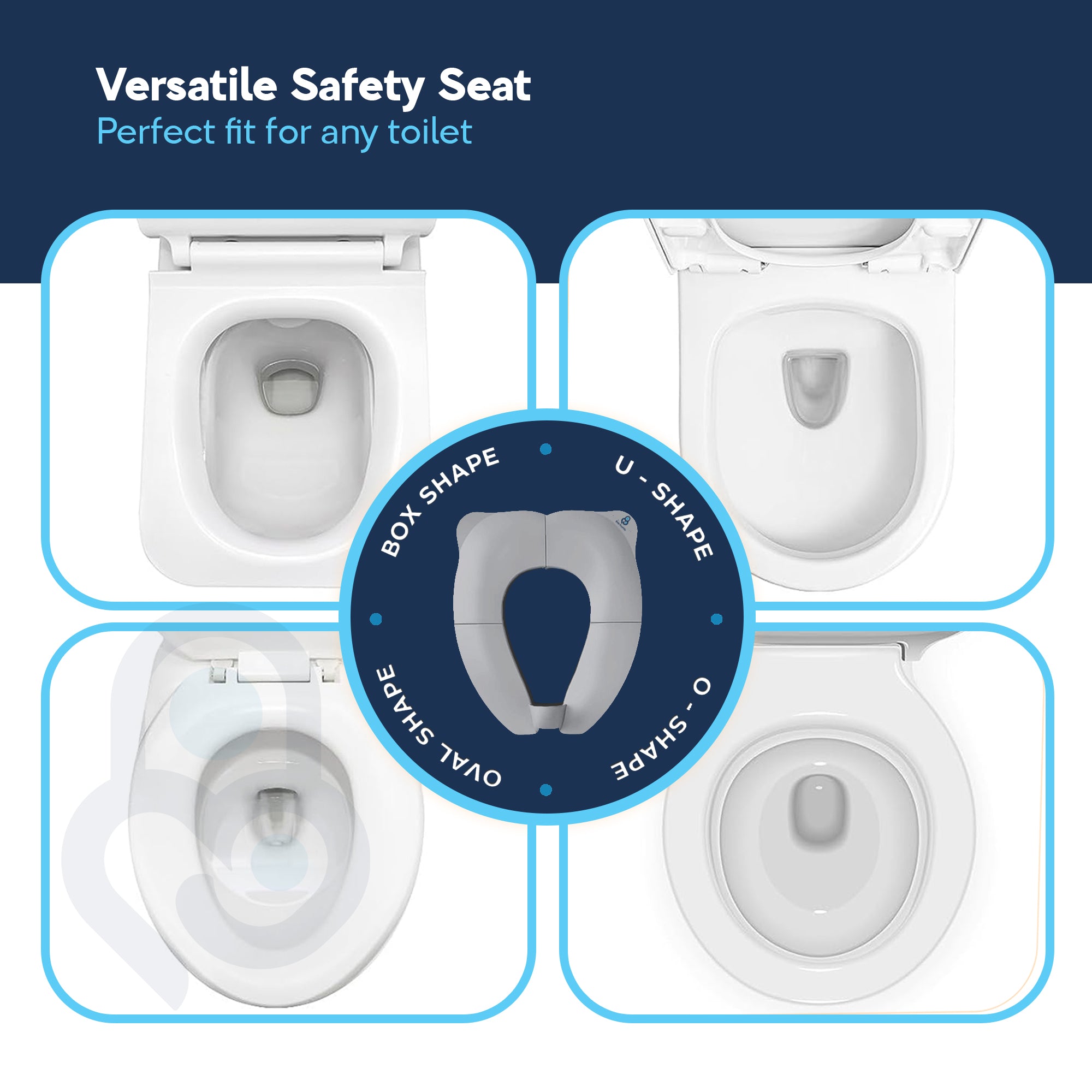 Portable toilet seat trainer fits box, U-shape, O-shape, and oval toilets — 4-toilet compatibility grid