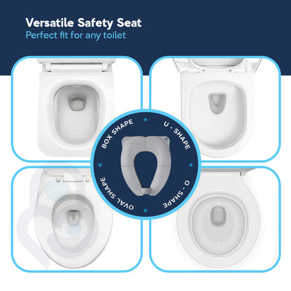 Portable toilet seat trainer fits box, U-shape, O-shape, and oval toilets — 4-toilet compatibility grid