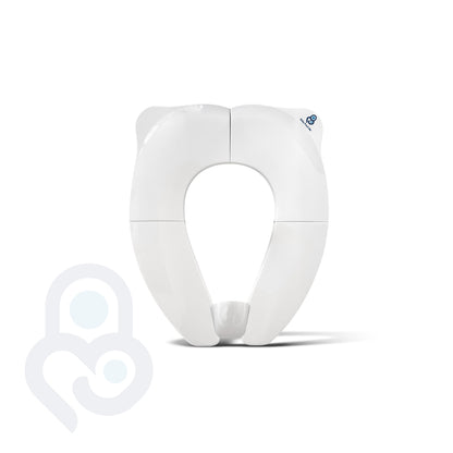 Baby Proof Me foldable portable toilet seat trainer in white, compact folded position, ABS construction
