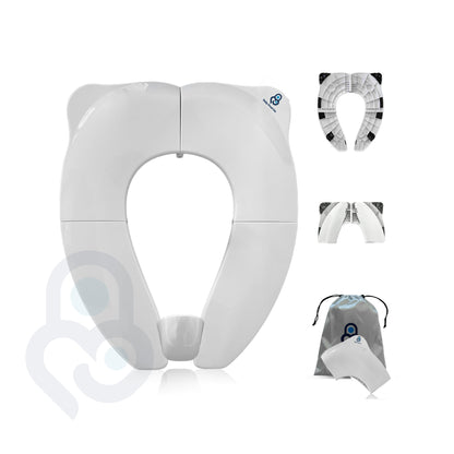 Foldable portable toilet seat trainer with drawstring travel bag, shown open, folded, and stored