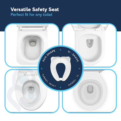 Foldable toilet seat trainer fits box, U-shape, O-shape, and oval toilets — compatibility chart graphic