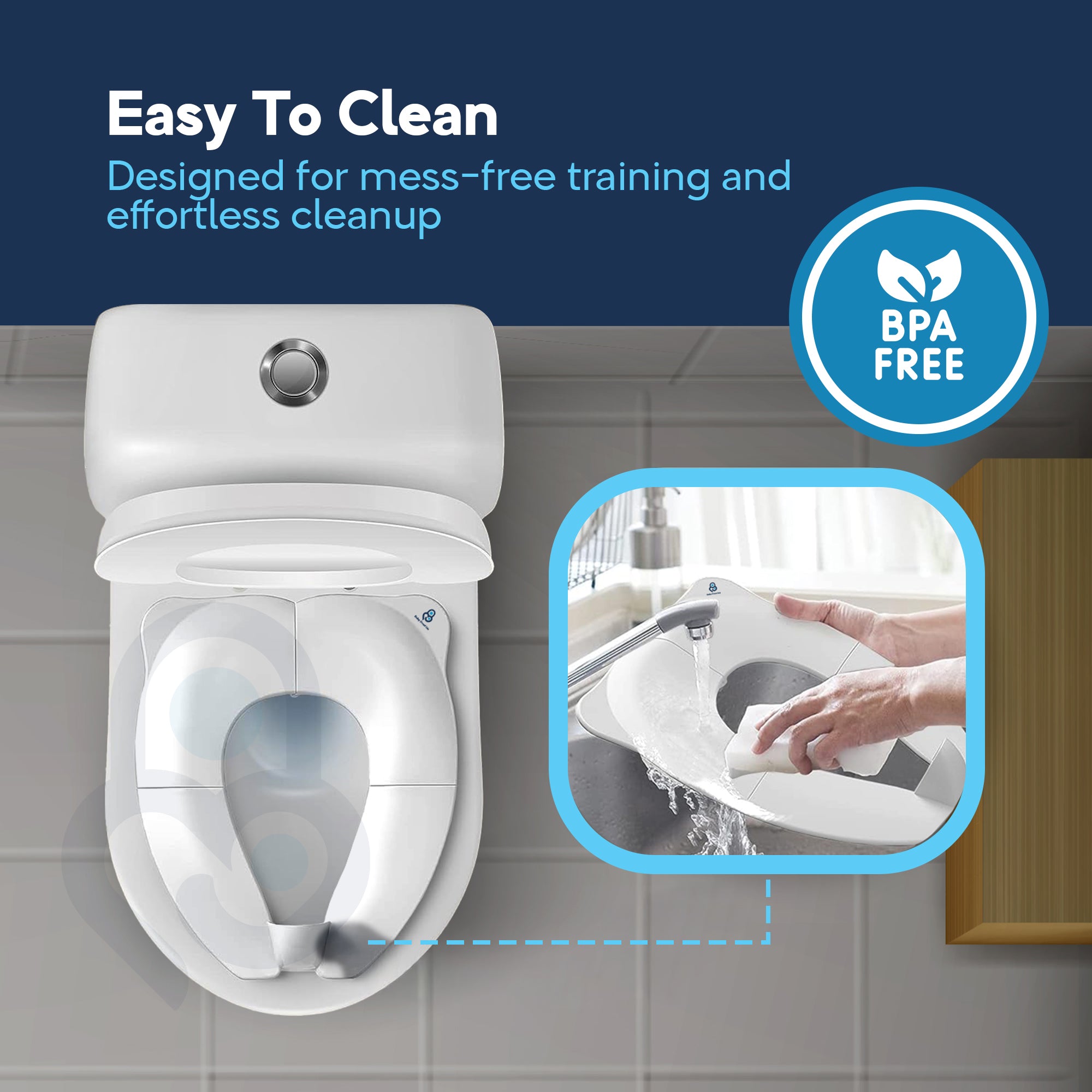 BPA-free portable toilet seat trainer rinsed under running sink water, easy-clean feature callout