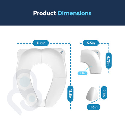 Portable toilet seat trainer dimensions diagram: 11.6×13.8in open, 5.5×6.75in folded