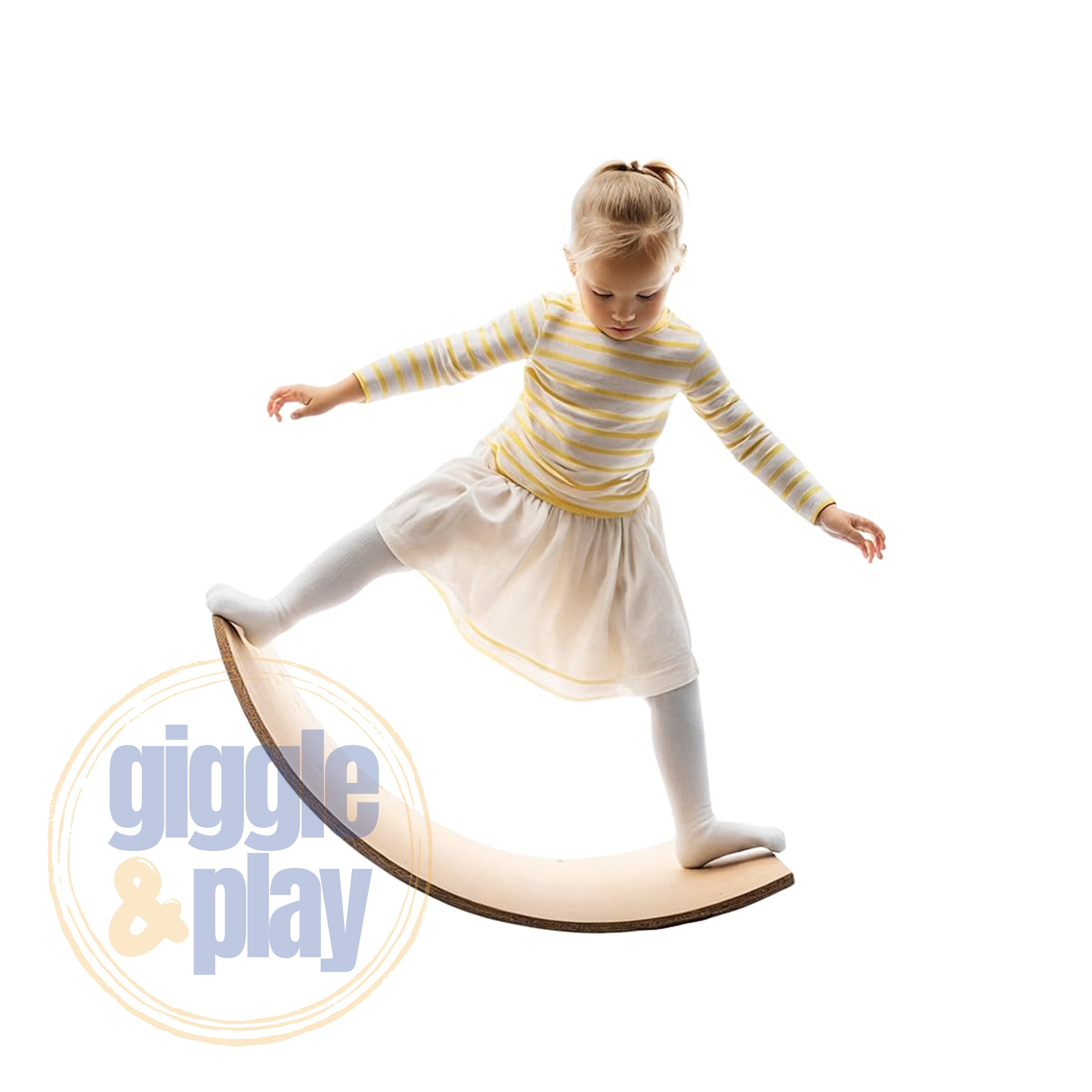 Young girl balancing on one leg atop a curved wooden wobble board, arms out for balance