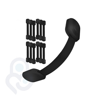 12-pack of black adjustable strap locks with one curved open beside eleven flat-stacked units
