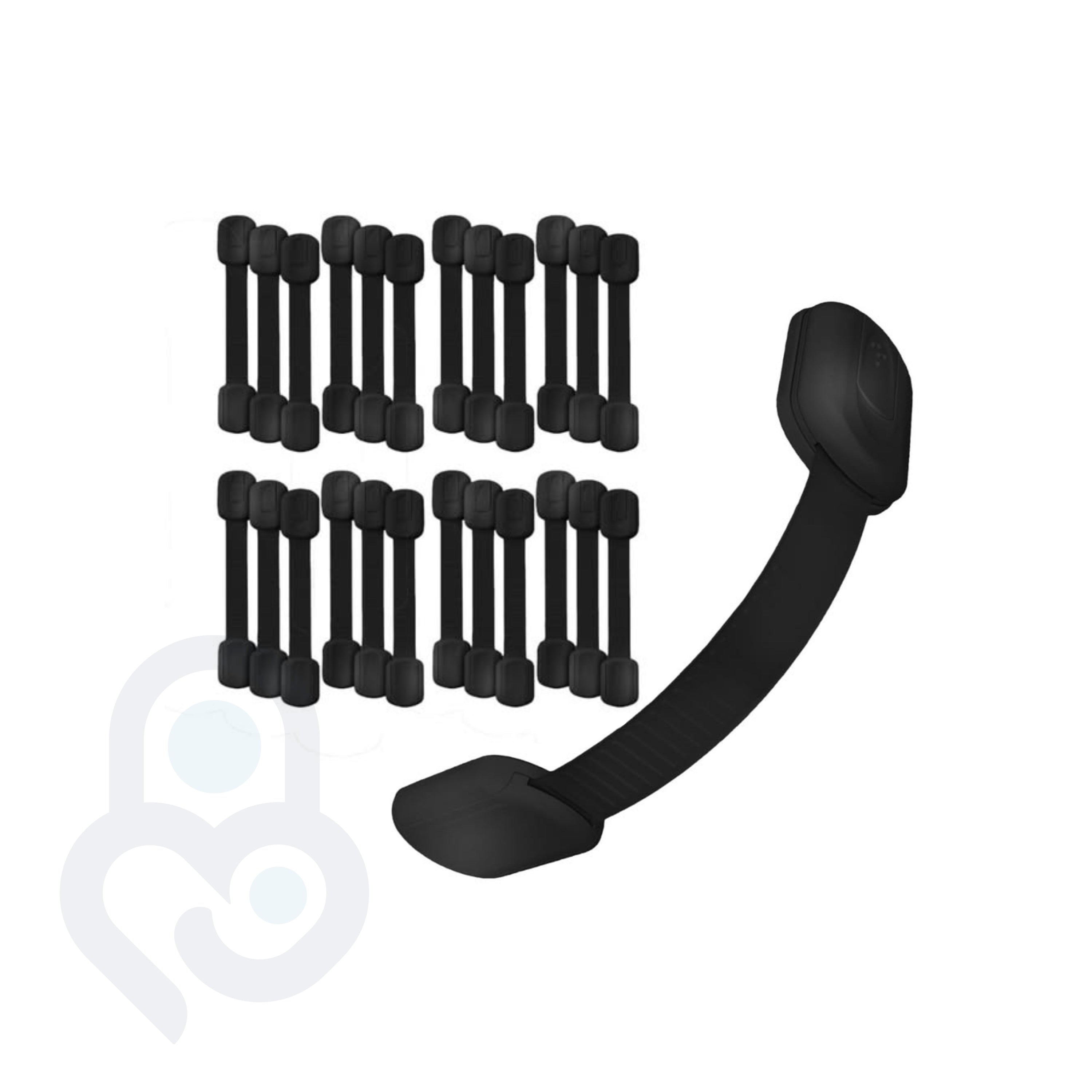 24-pack of black adjustable strap locks with one curved open, 3M adhesive no-drill design