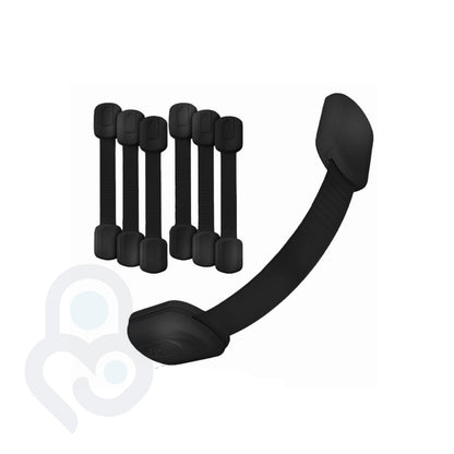 6-pack of black adjustable strap locks with one curved open to show flexible arm length