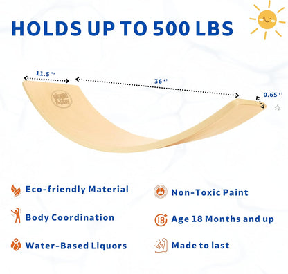 Wooden balance board for toddlers spec infographic showing 36-inch length, 500 lb capacity, non-toxic finish