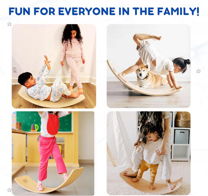 Four kids and a dog using a wooden balance board for toddlers as a rocker, bridge, and standing trainer indoors