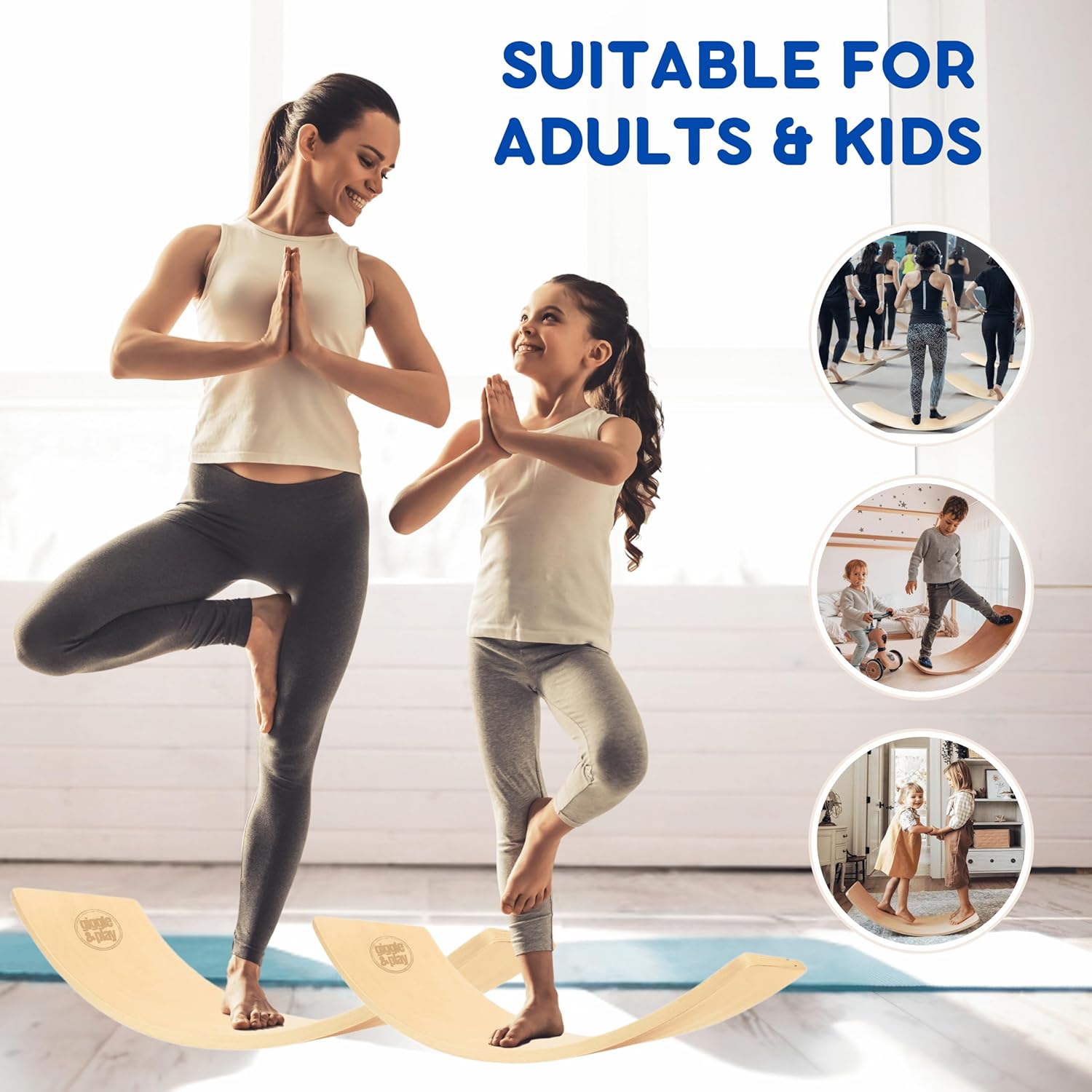 Mom and child doing yoga tree pose together on wooden balance boards, suitable for adults and kids