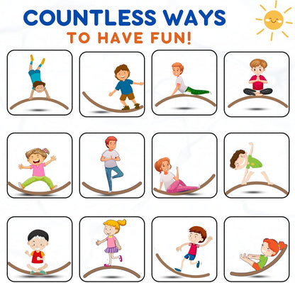 12-panel illustration of kids doing yoga, balancing, and rocking on a wooden balance board for toddlers