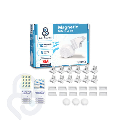Baby Proof Me 12-pack magnetic cabinet locks kit with 3 keys, 3M adhesive pads, and alcohol wipes