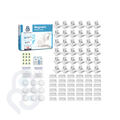 Baby Proof Me 36-pack magnetic cabinet locks kit with 9 keys, 3M adhesive pads, and alcohol wipes