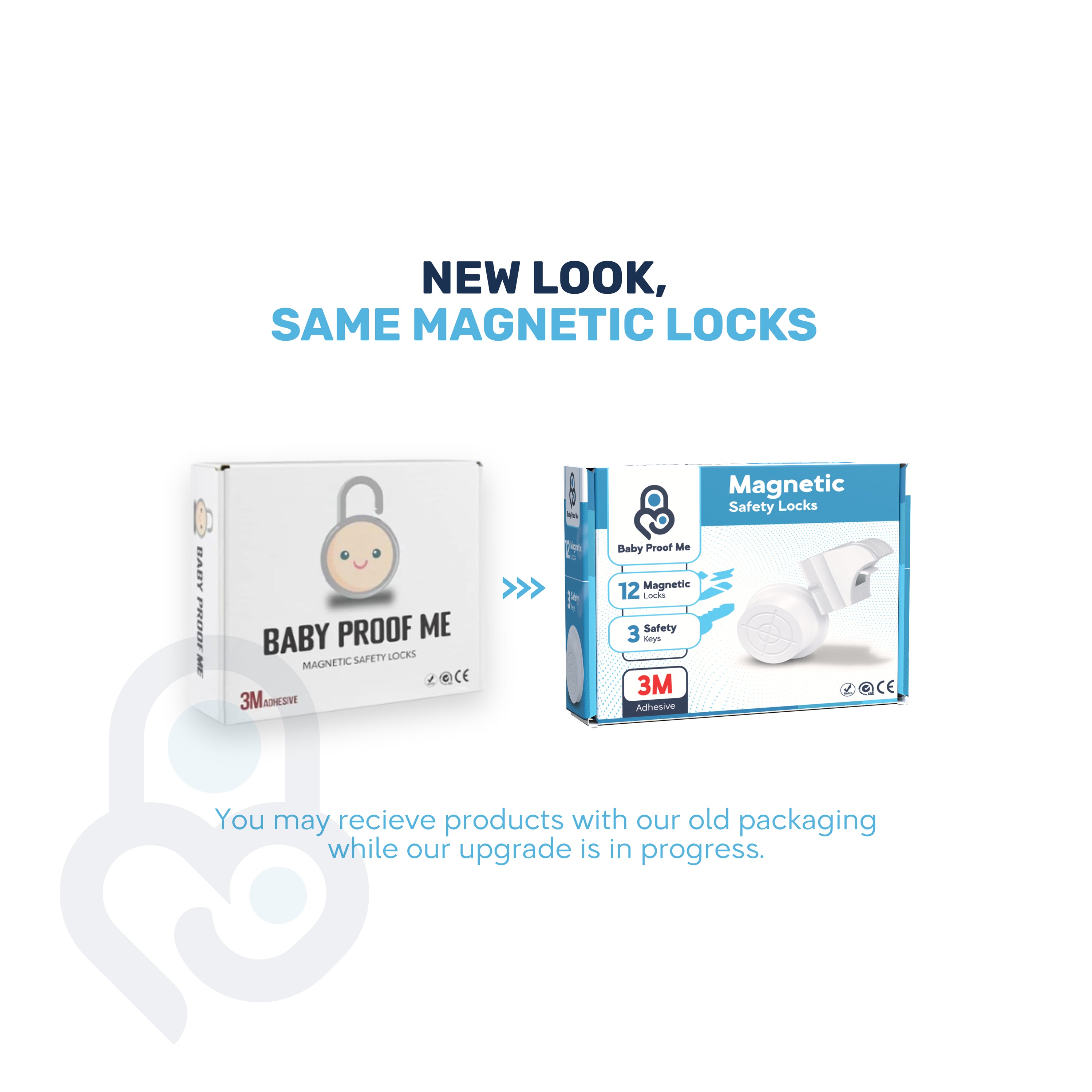 Baby Proof Me magnetic safety locks old vs. new retail packaging, 12 locks and 3 keys, 3M adhesive