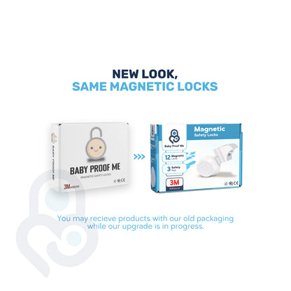 Baby Proof Me magnetic safety locks old vs. new retail packaging, 12 locks and 3 keys, 3M adhesive