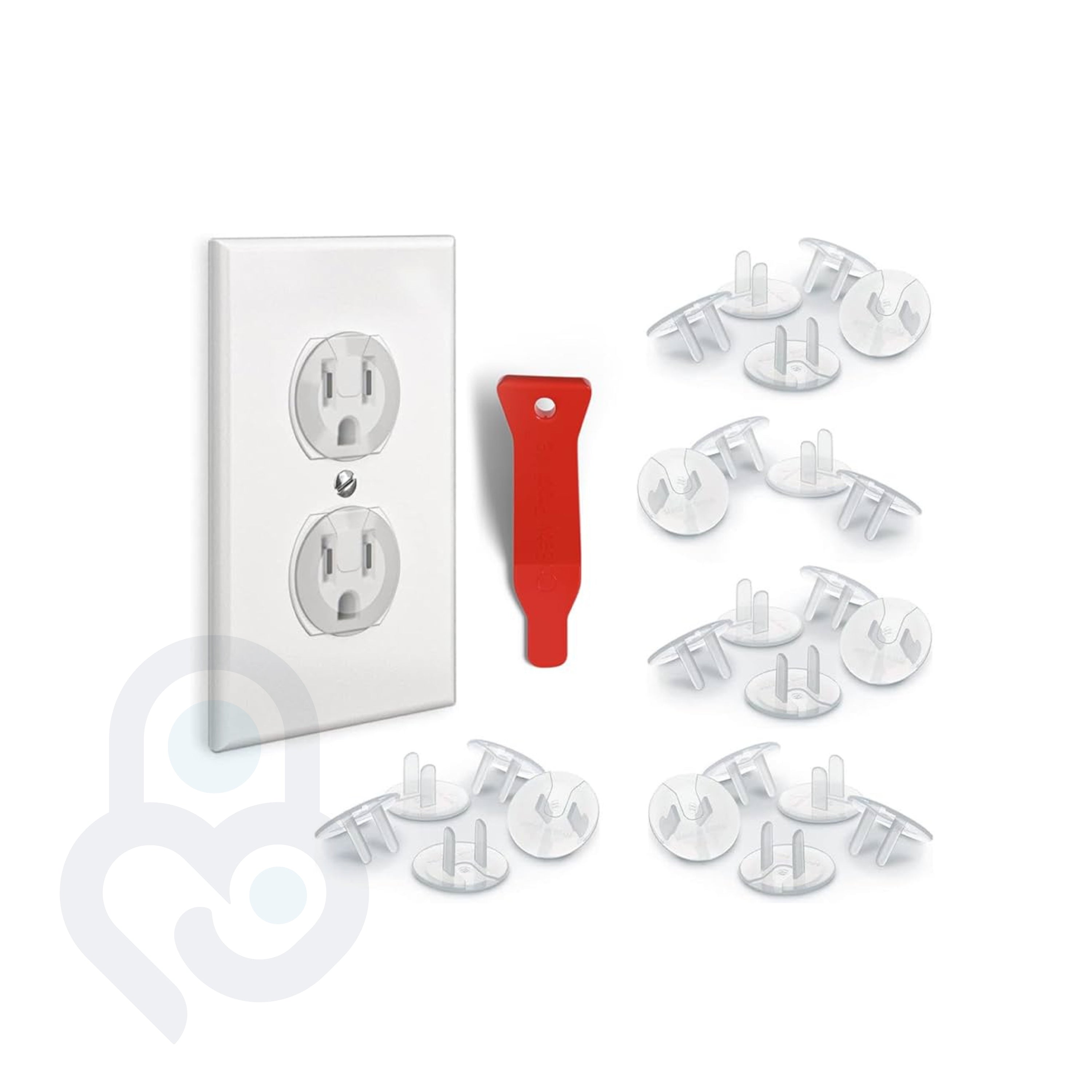 24-pack of clear outlet plug covers with red removal tool and duplex outlet wall plate