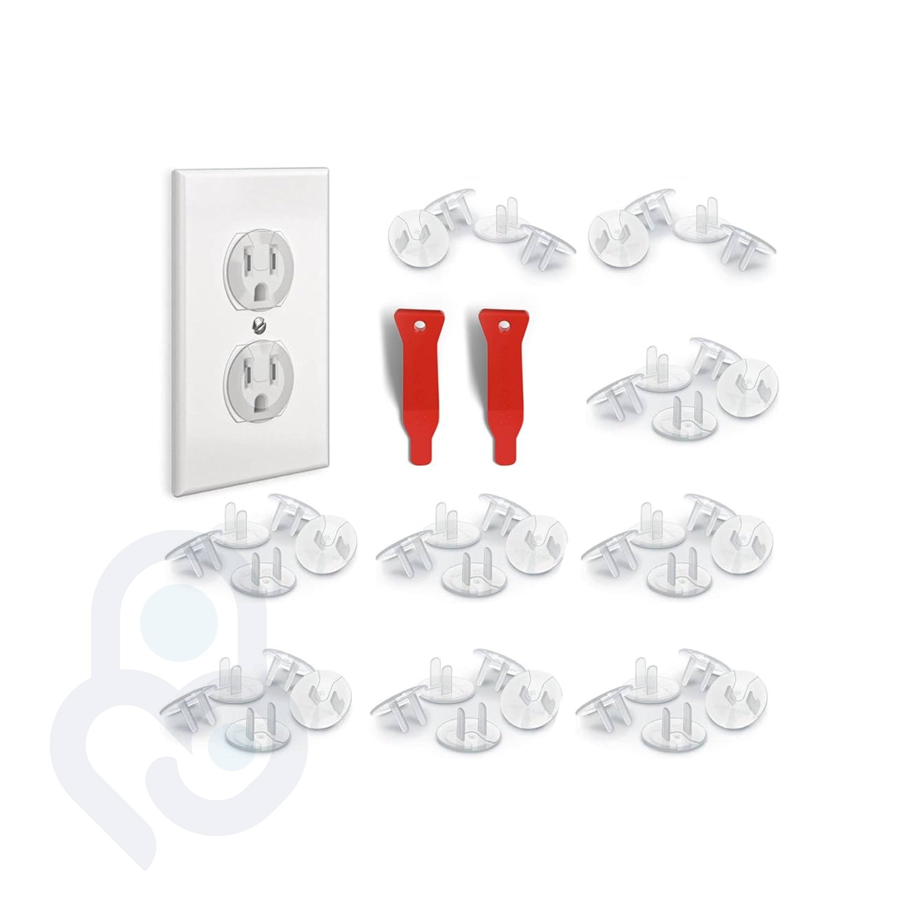 48-pack of clear electrical outlet plug covers with two red removal tools and duplex wall plate
