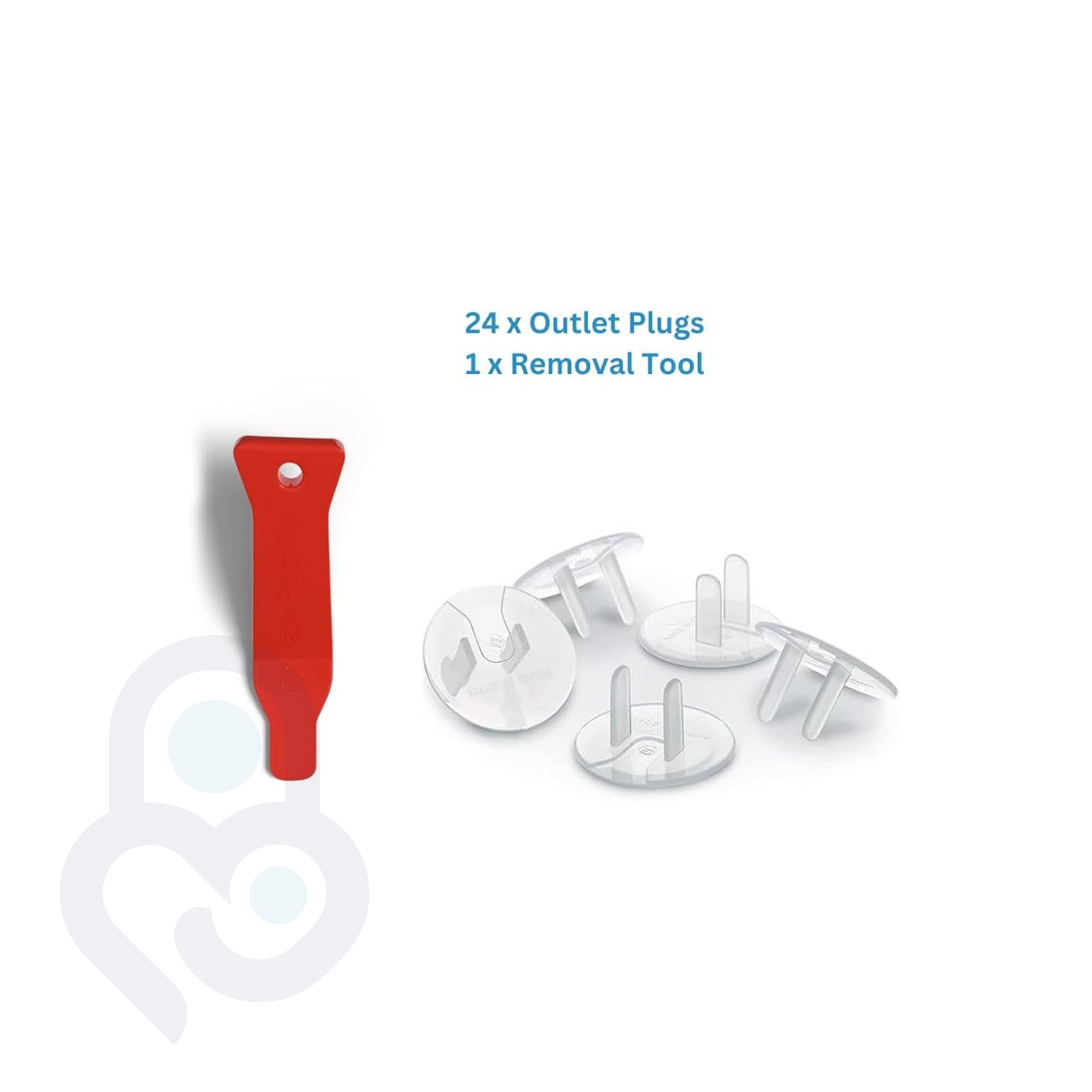 24 clear electrical outlet plug covers with red removal tool, prongs-up view showing kit contents