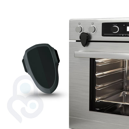 Black oven safety lock mounted on stainless steel oven door knob, no-drill adhesive install