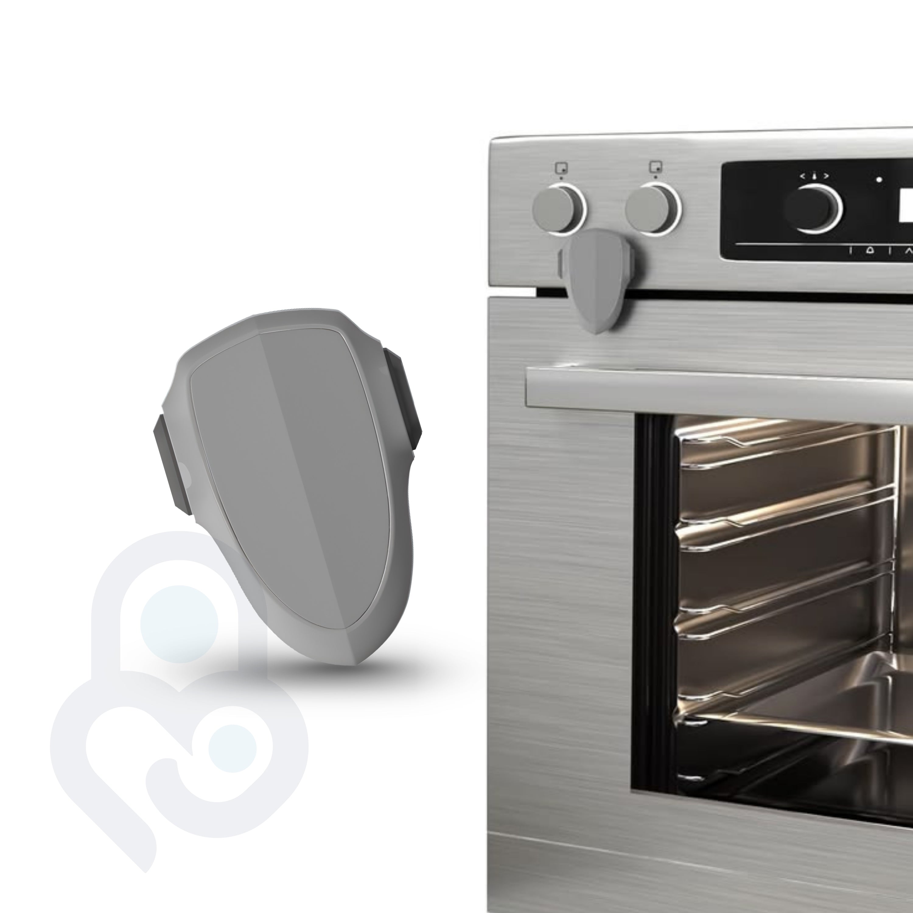 Grey oven appliance safety lock clipped onto stainless steel oven knob, no-drill adhesive install