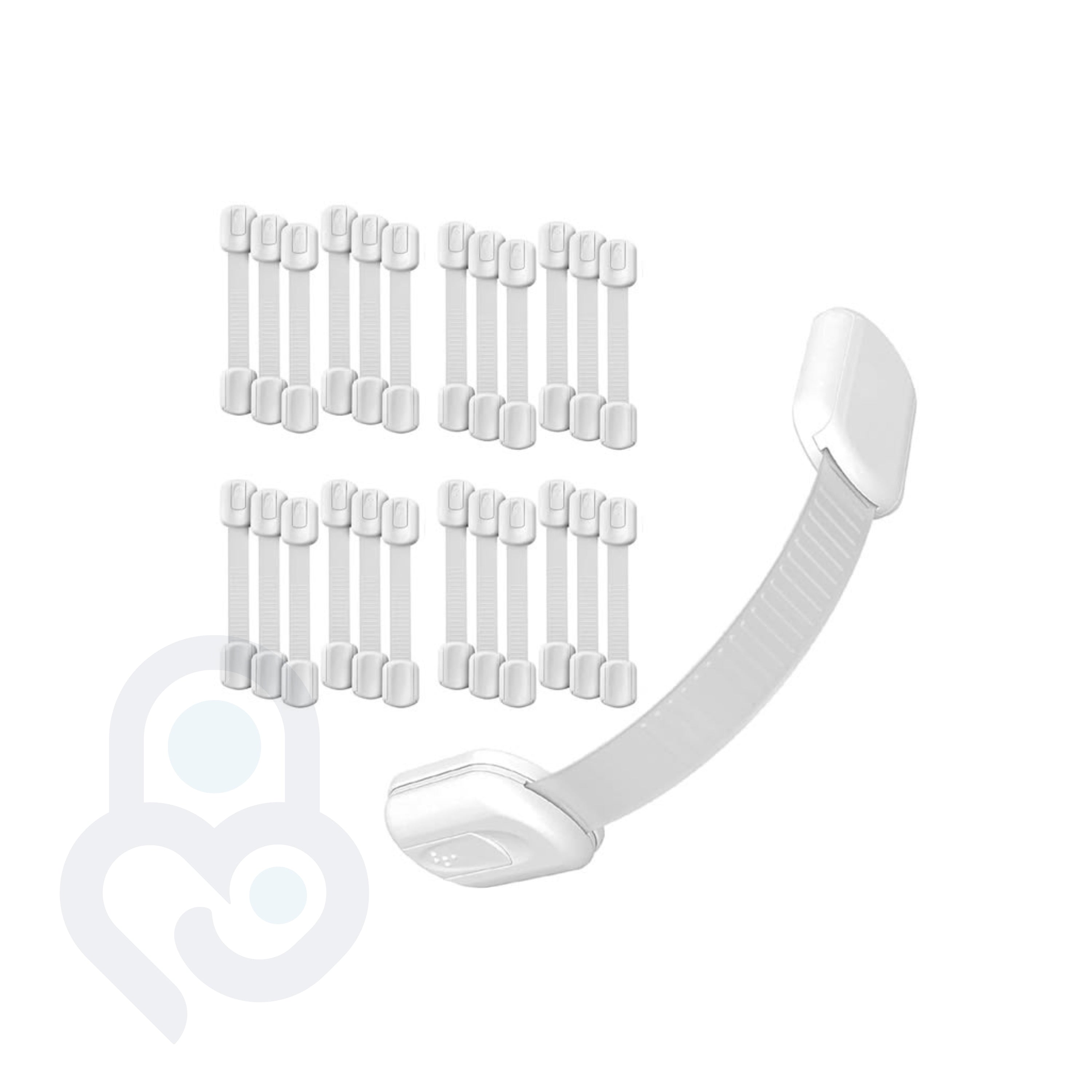 24-pack of white adjustable safety strap locks with one fully assembled unit arched beside the set