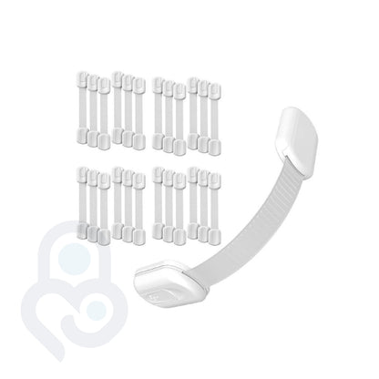24-pack of white adjustable safety strap locks with one fully assembled unit arched beside the set