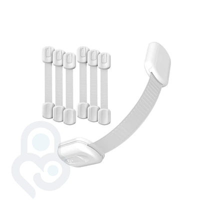 6-pack of white adjustable safety strap locks with 3M adhesive mounts, one shown fully extended